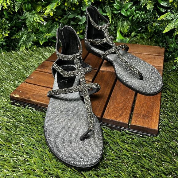 Women Sandals 8.5 Gladiator Pewter Glitter Jeweled Cammie JESSICA SIMPSON 1489 - Picture 1 of 10